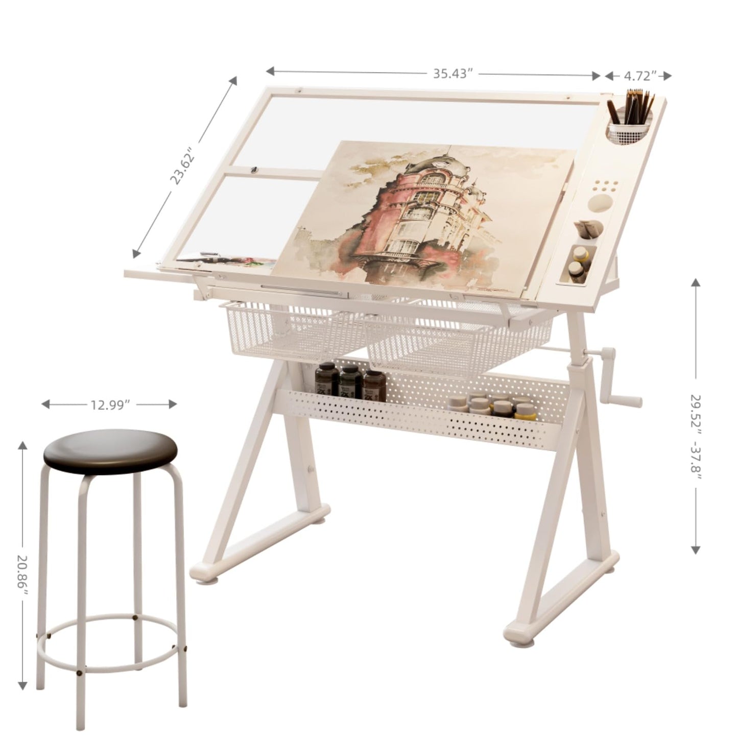 Hassyee Hand Crank Adjustable Tempered Glass Drafting Drawing and Printing Table with Chair and Storage Space for Living Room, Study, Bedroom (White)