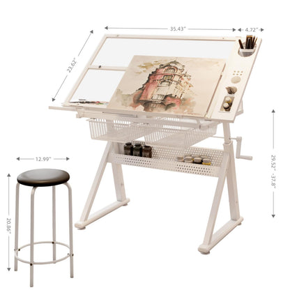 Hassyee Hand Crank Adjustable Tempered Glass Drafting Drawing and Printing Table with Chair and Storage Space for Living Room, Study, Bedroom (White)