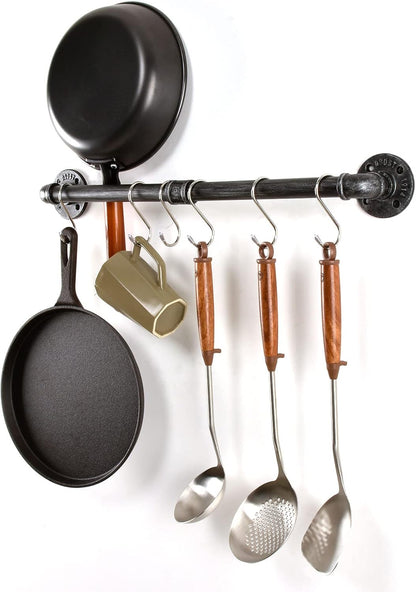 Pipe Pot Pan Rack Wall Mounted Kitchen Organizer with S Hooks, Industrial Cookware Hanger Bar Rail (24 inch, Black Gray)