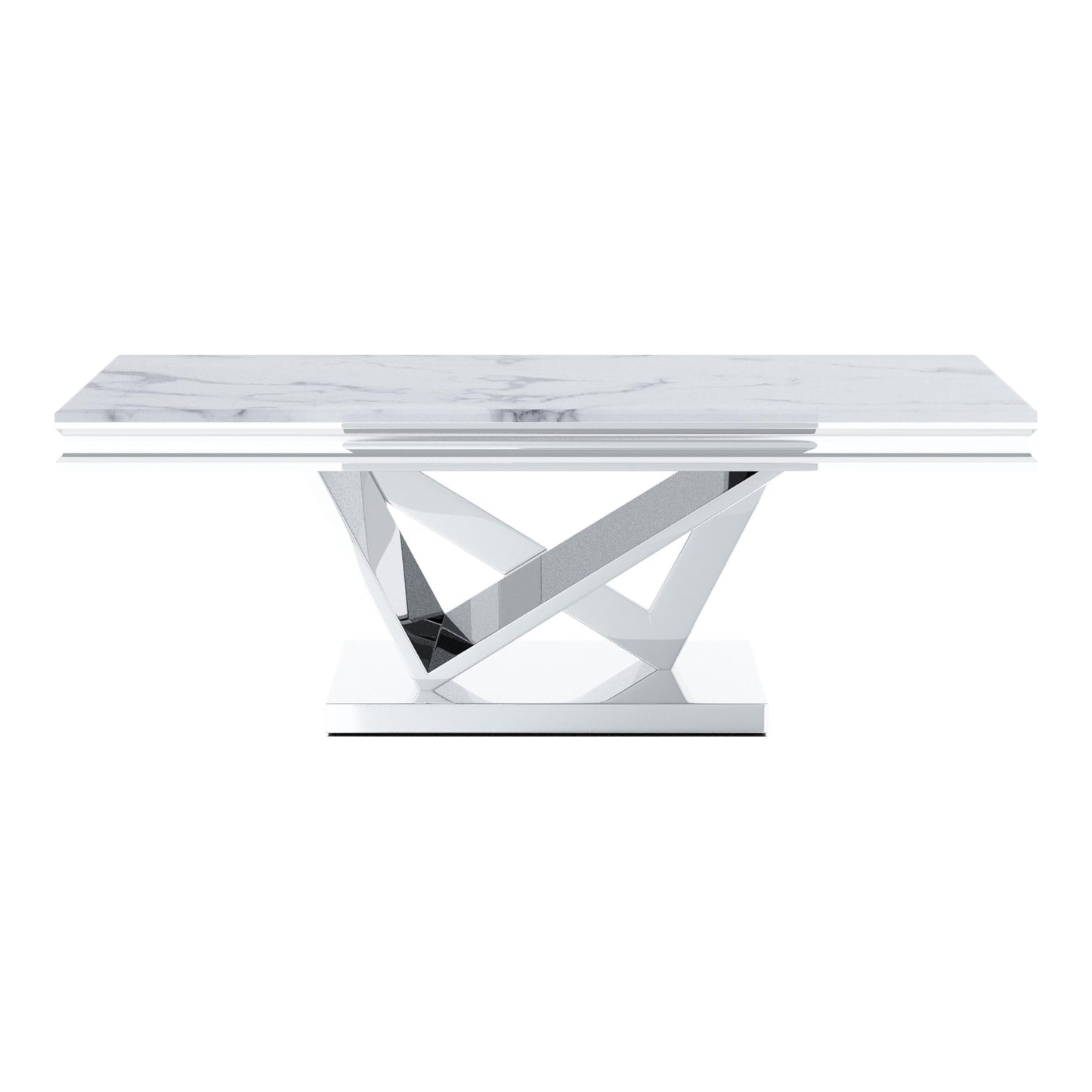 Furniture of America Namai 25mm Faux Marble Top Rectangle Coffee Table with Metal Construction and V-Style Pedestal, Home Décor for Living Room, Lounge Area, Office, Chrome