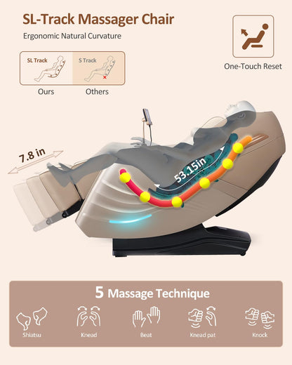 RELX Massage Chair Full Body, 20 Modes Zero Gravity SL-Track Shiatsu Massage Chair Built-in Heat System, Airbag Massage with Body Scan, Deep Yoga Stretch, Calfrest Extension and AI Control(Cream)