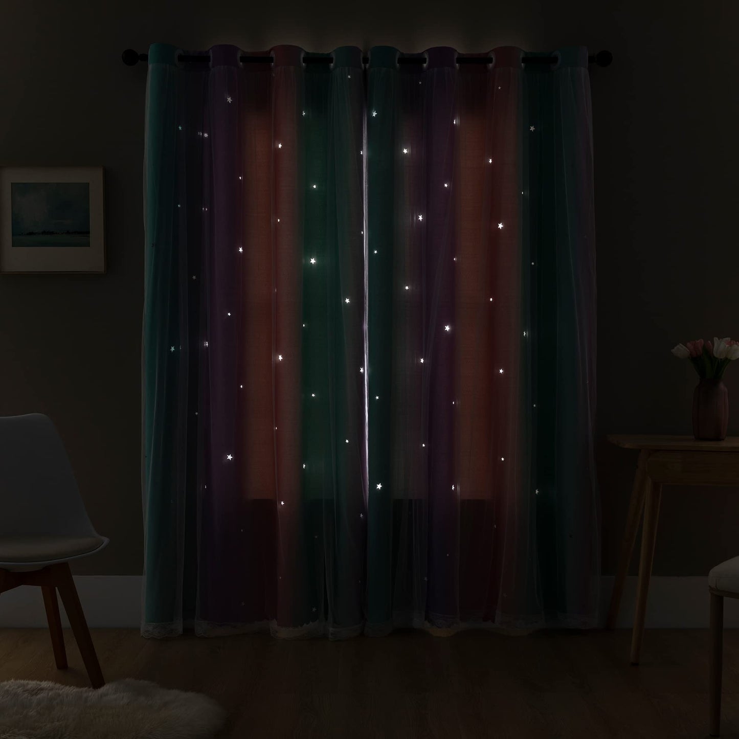 XiDi Curtains for Girls Bedroom Decor, Rainbow Blackout Curtains for Kids Room Decor, Purple for Little Girl Room, Unicorn Wall Decals Pink Curtains Green, 63 Inches Long 34 Wide 1 Panel