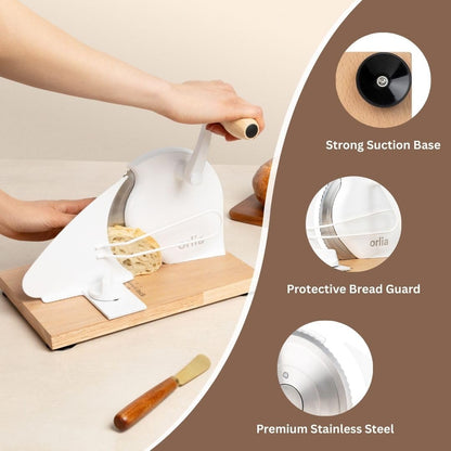 orlia Manual Bread Slicer for Homemade Bread – Adjustable Thickness, Even Slicing Hand-Crank Bread Cutter with Scale Guide, Serrated Blade & Secure Base