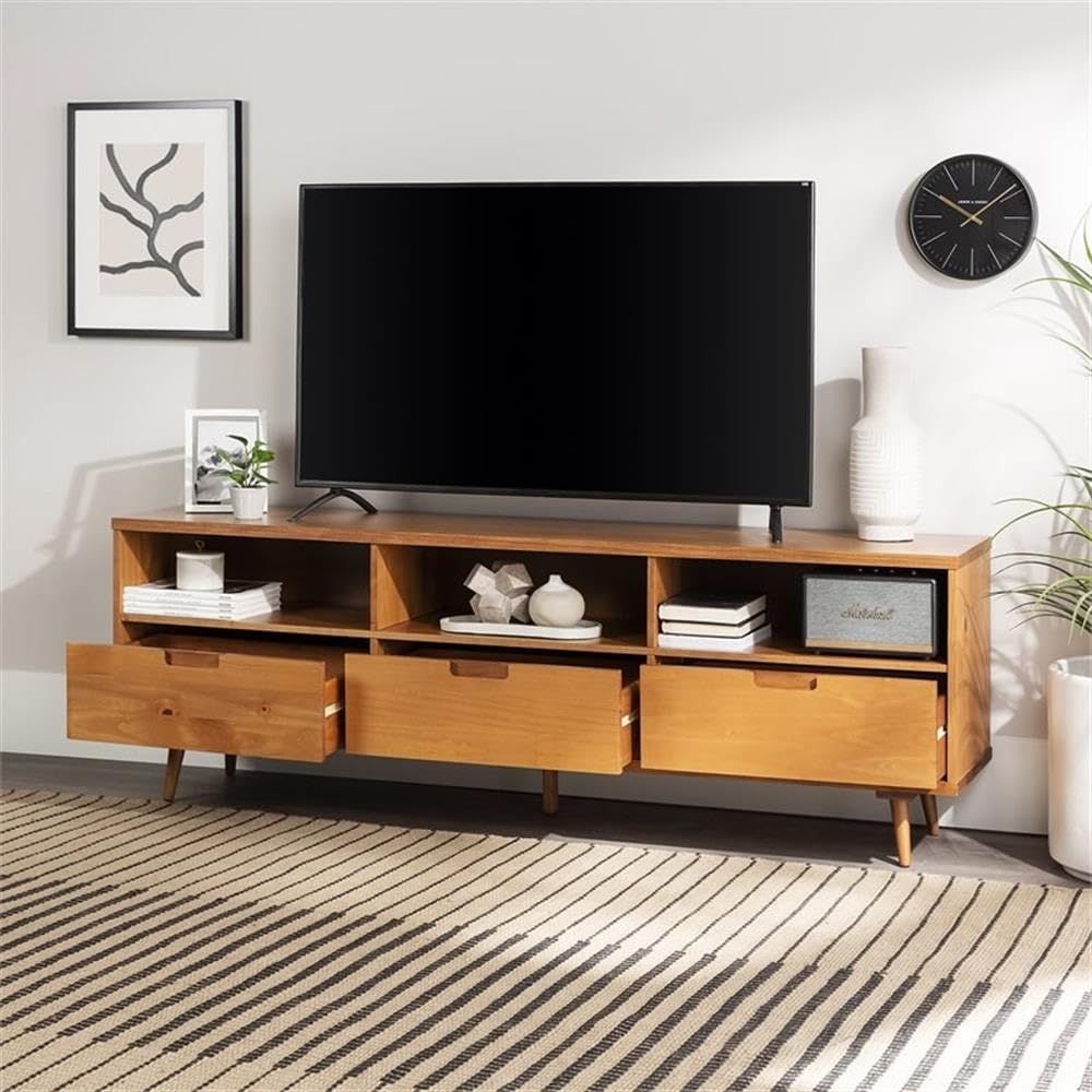 Walker Edison Millie Mid Century Modern 3 Drawer Solid Wood Low TV Stand for TVs up to 80 Inches 70 Inch Caramel