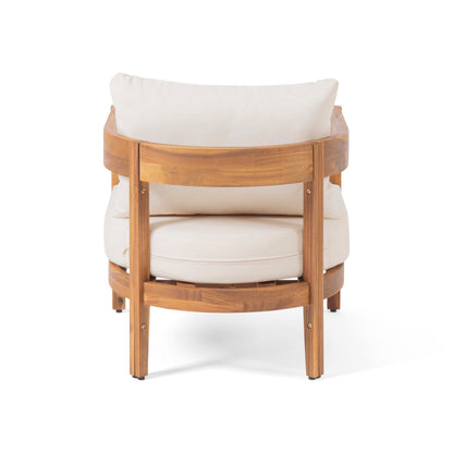 Christopher Knight Home Nadine Outdoor Accent Chair, Acacia Wood Club Chair, Tub Shape Design Armchair, Comfort Cushions Seating, Slat Open Back Reading Sofa for Balcony Backyard Garden, Teak+Beige