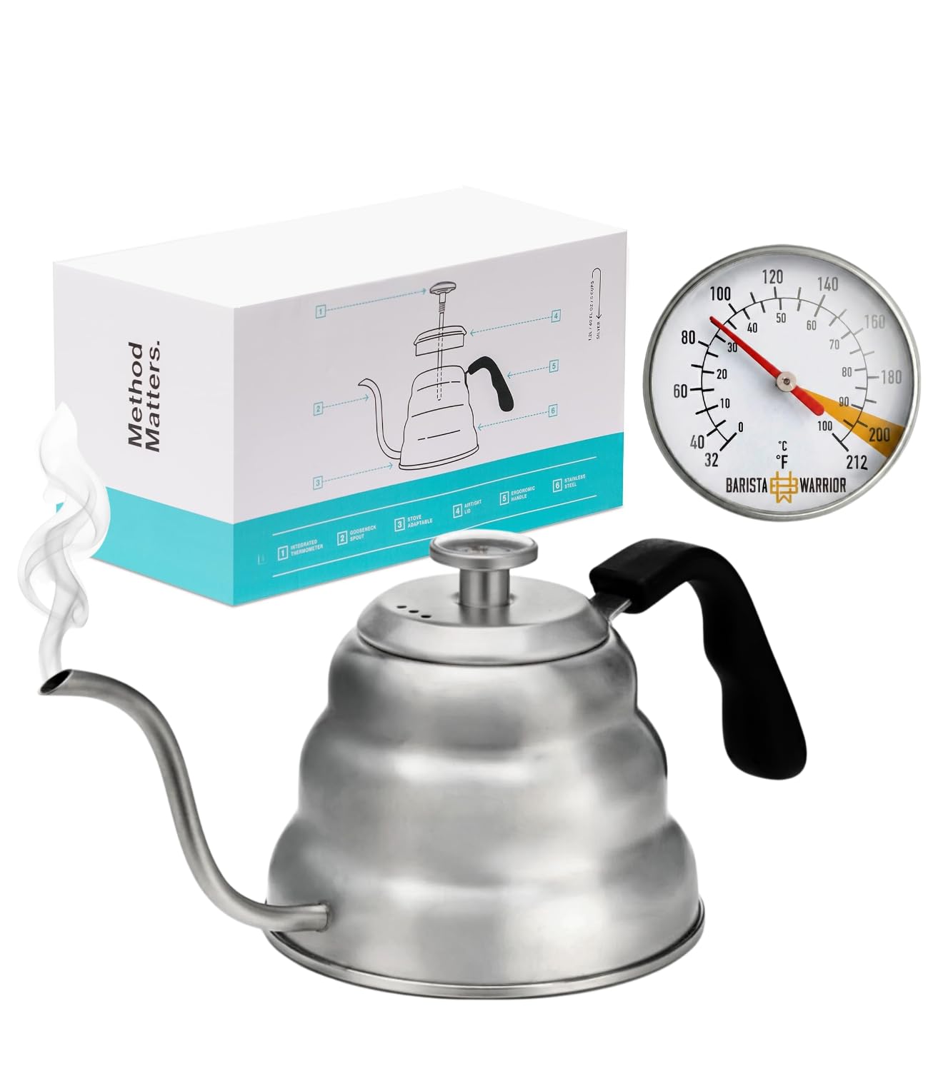 Barista Warrior Gooseneck Kettle with Thermometer - 1L Pour Over Coffee & Tea Kettle, 18/8 Stainless Steel Gooseneck Kettle Pot, Precision Pour Drip Spout, Suitable for All-Stoves (34 fl oz)
