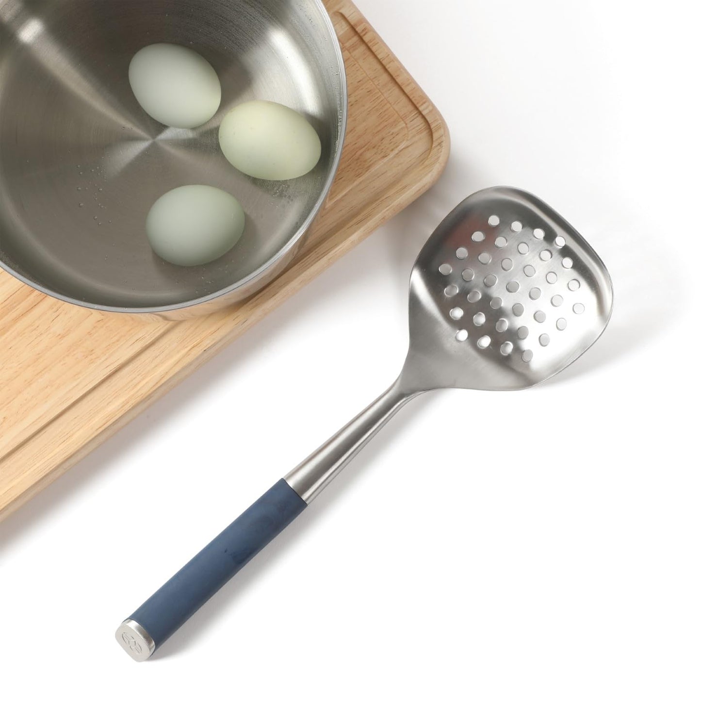Calphalon Edge Stainless Steel Slotted Spoon/Skimmer, Kitchen Strainer Spoon, Skimmer with Silicone Heat Resistance Handle, Slotted Cooking Tool for Draining and Skimming (Blue)