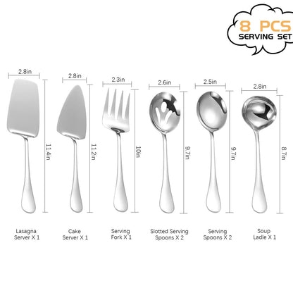 Stainless Steel Serving Utensils,8 Pcs Serving Set with Serving Spoons,Serving Fork,Soup Ladle,Lasagna Server,Pie Server,Polished Serving Utensil Set for Buffet Parties Home,Dishwasher Safe