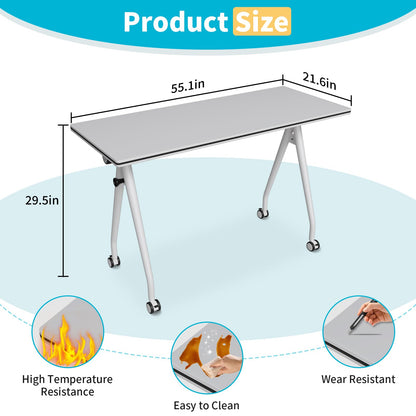 Conference Table with Wheels, Folding Conference Table with Knob & 4 Brake Casters, Modular Flip Top Mobile Conference Room Table for Office, Meeting, Training Room, Class (6, White, 55.1in)