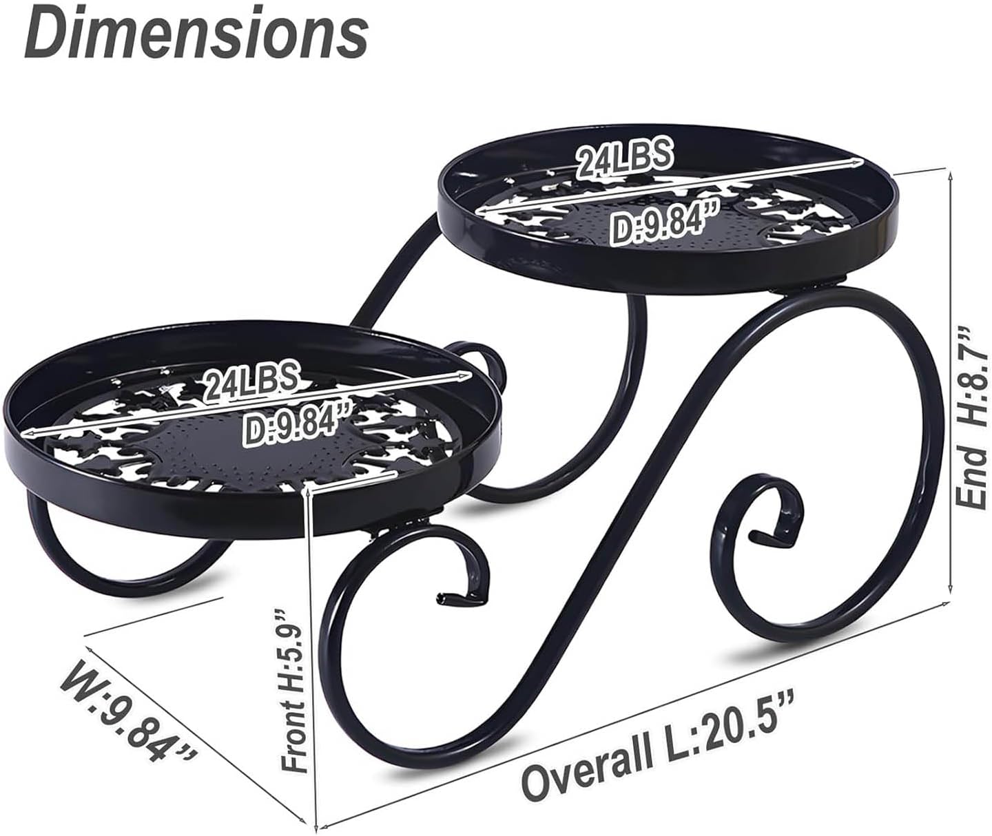 2 Tier Black Plant Stand, Metal Flower Stand Indoor Outdoor, Anti-Rust Iron Plant Shelf, Round Flower Pot Stands