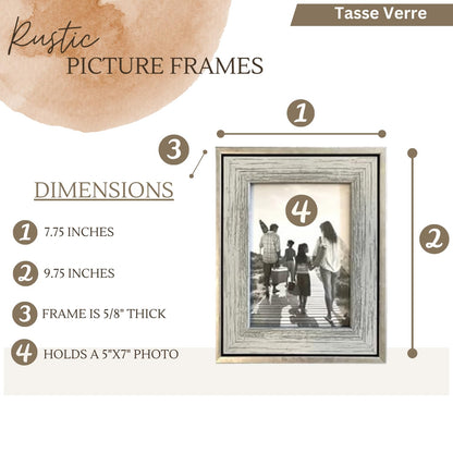 Tasse Verre 5x7 Rustic Picture Frames 3-Pack, Distressed Farmhouse-Style Table Frame, Brushed Industrial Silver Metal Look Frame with Wood Looking Insert, Ready-to-Hang Hooks.