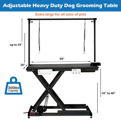 ExploreHorizon 50" Heavy Duty Dog Grooming Table with Aluminium Overhead Arm,Electric Hydraulic Grooming Table with 6 USB Ports for Large Dogs 300 LBS Foot Control