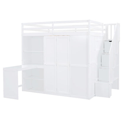 Merax Full Size Loft Bed, Wood Bedframe with Wardrobe, Storage Stairs, Desk and Shelves for Kids Teens Adults Bedroom, White