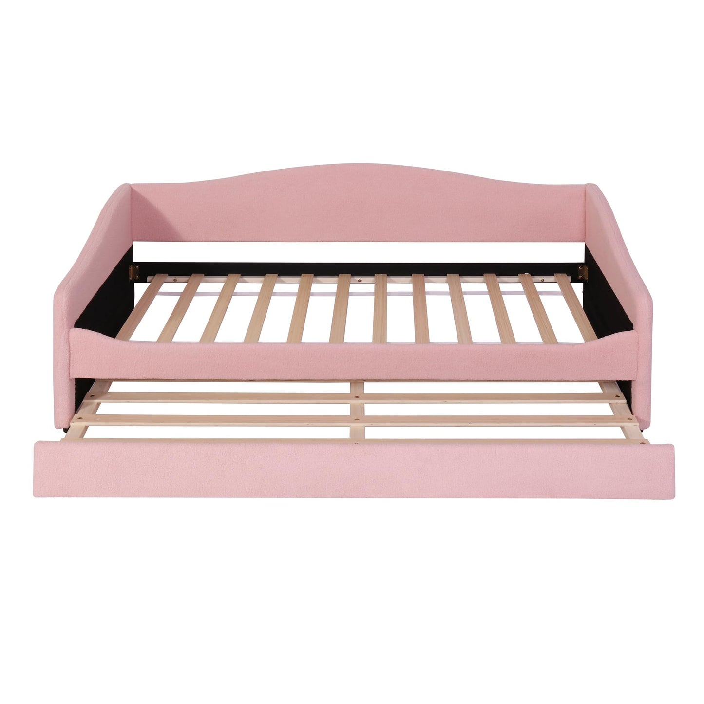 Twin Size Upholstered Daybed with Trundle,Teddy Fleece Twin Daybed Frame,Twin Day Bed with LED Light,Tufted Sofa Bed Daybed for Bedroom,Living Room,Guest,Pink