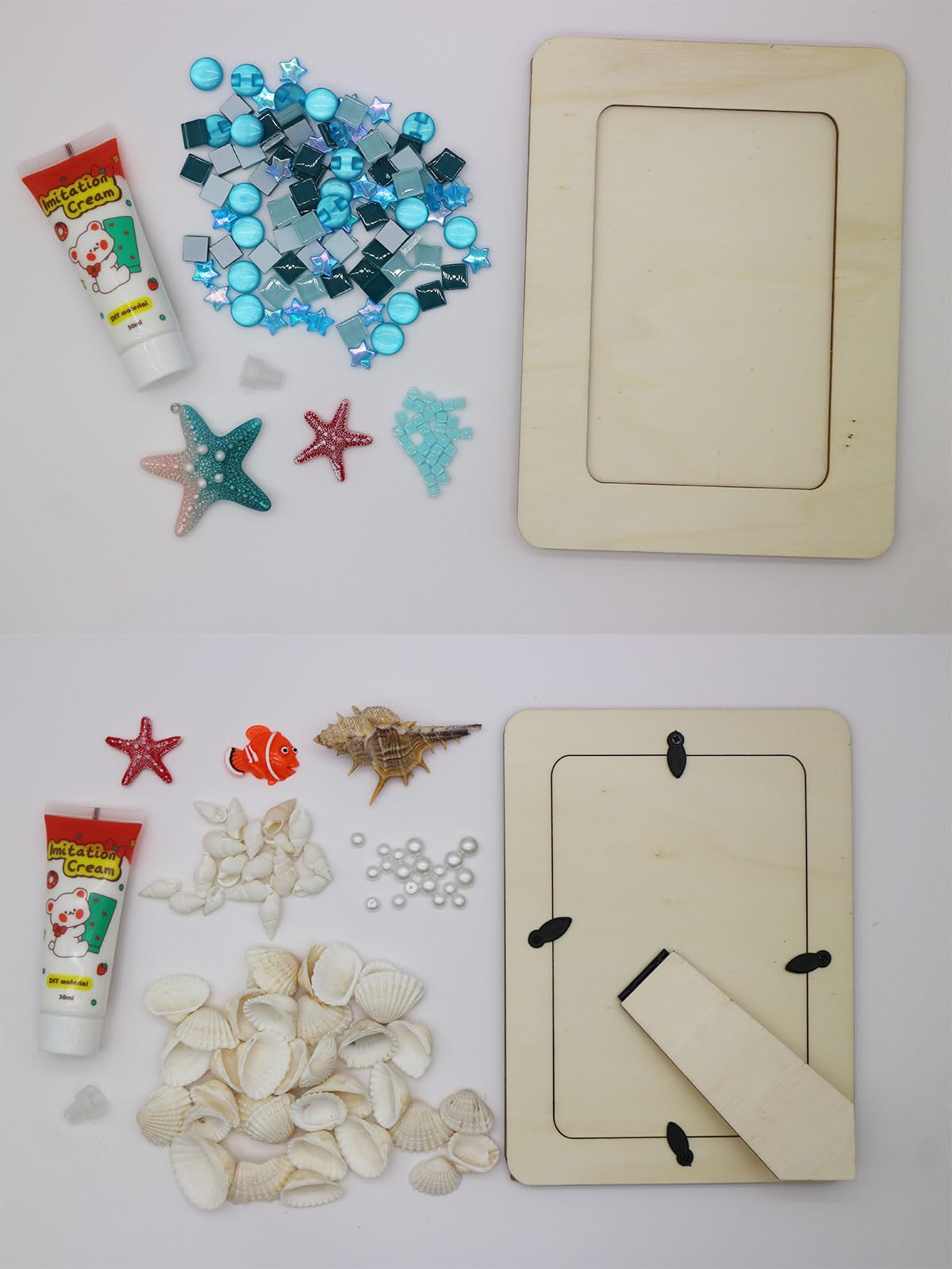 Fenzonmic DIY Wooden Photo Frame Kit 2-Pack, Includes Cream Glue Gun & Resin Decor (Shells, Pearls, Sea-Themed) for 4x6 Inch (10x15cm) Pictures, Creative Craft Gift for Friends and Family