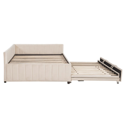 GDFStudio Full Size Upholstered L-Shaped Daybed with Pop Up Trundle, Vertical Stripe Design, Padded Backrest, No Box Spring Needed, Beige