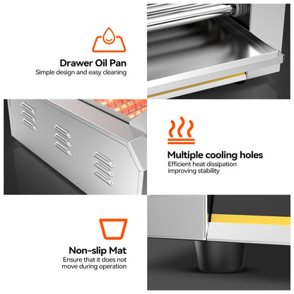 BOOROS 9 Roller Hot Dog Machine 1400W Commercial Hot Dog Roller Stainless Steel with Dual Temp Control,Removable Tempered Glass Cover & LED Lights,24 Hot Dogs Capacity for Parties,Events & Food Stalls