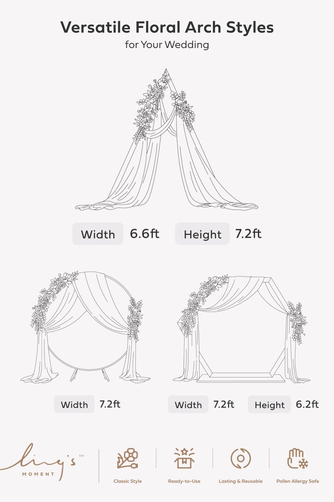 Ling's moment Artificial Wedding Arch Flowers with Drapes Kit-Pack of 5, 2pcs Flower Arrangements 3pcs Hanging Sheer Drapes Sage Ceremony Arbor Backdrop Rose Floral Decorations, Dusty Blue