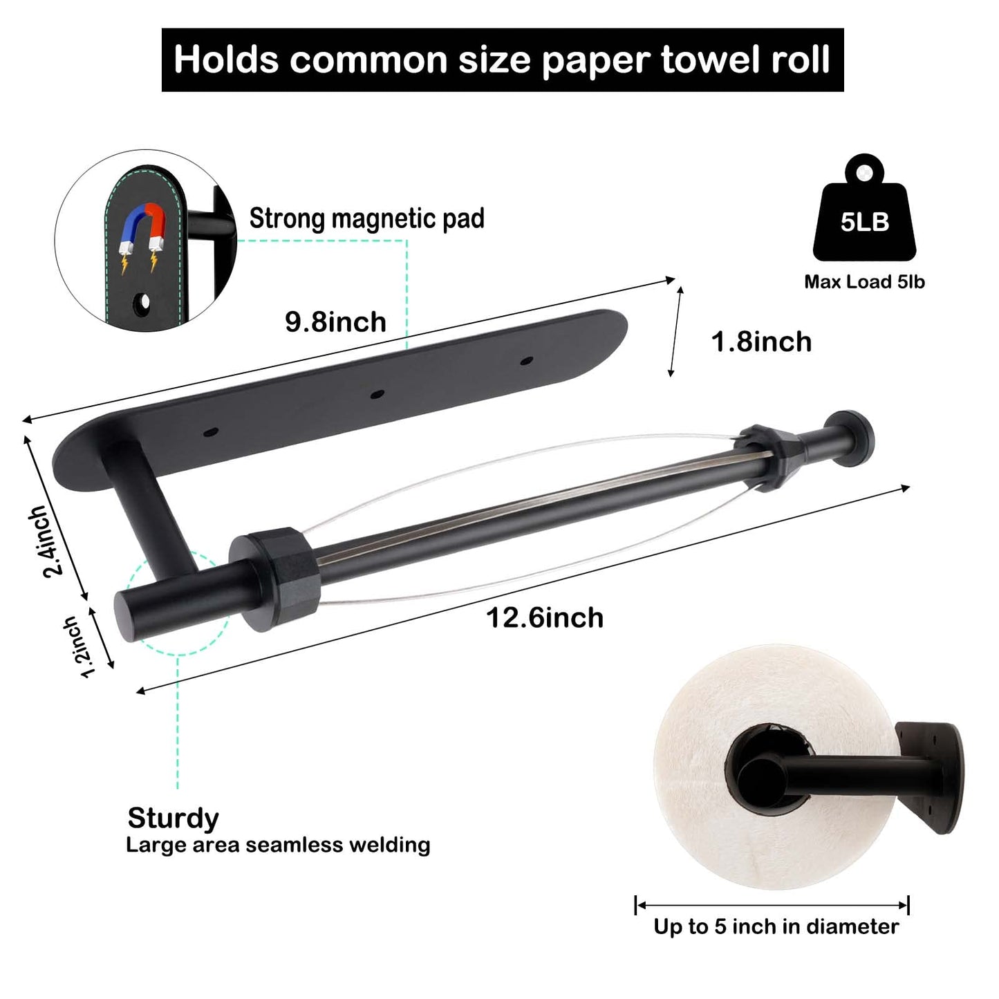 KIHOGEM Magnetic Paper Towel Holder, One Hand Operable Paper Towel Holder Wall Mount Self Adhesive and Strong Magnetic Backing for Kitchen Refrigerator Grill RV(Black)