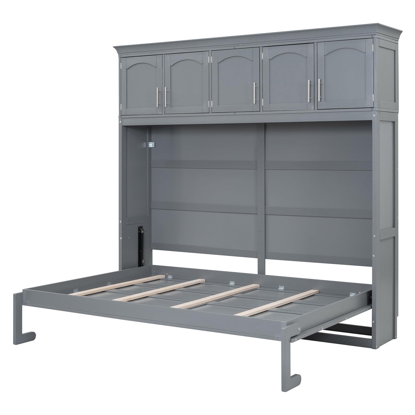 Merax Modern Farmhouse Solid Wood Murphy Cabinet Bed with Top Cabinets, Tall Wall Platform Bed No Box Spring Needed/Easy Assemble Queen,Gray