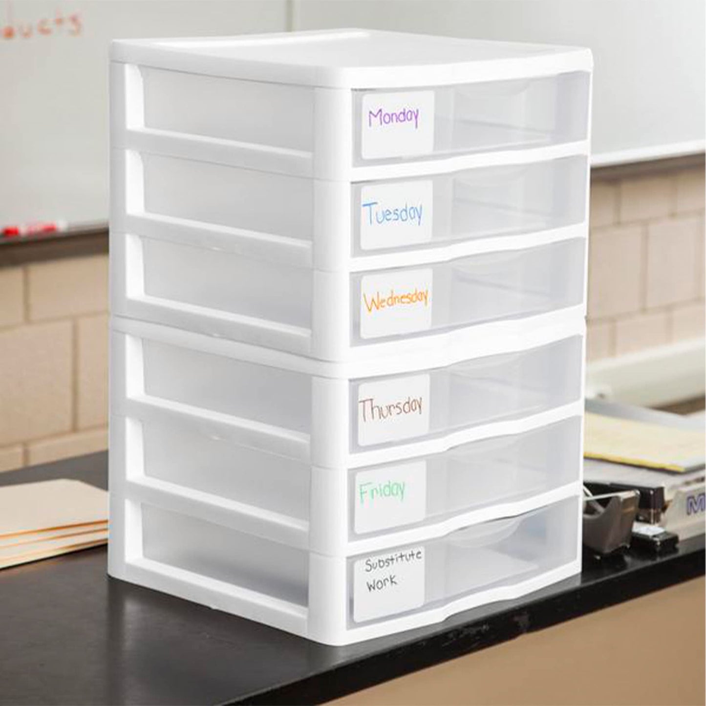 Sterilite 12-Pack Wide 3 Drawer Unit, Plastic Desktop Organizer with Clear Drawers, White Frame - Stackable Multi-Purpose Storage for Office Supplies, Craft Rooms, Classrooms and Home Organization