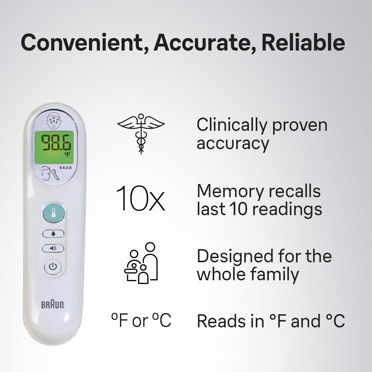 Braun No Touch 3-in-1 Thermometer for Adults, Kids & Babies, Measures Forehead, Liquid and Food Temps, Professional Accuracy & Color Coded Fever Guidance