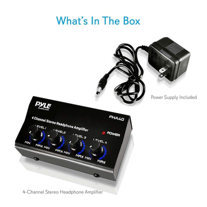 4-Channel Portable Stereo Headphone Amplifier - Professional Multi Channel Mini Earphone Splitter Amp w/ 4 ¼” Balanced TRS Headphones Output Jack and 1/4" TRS Audio Input For Sound Mixer - Pyle PHA40 BLACK