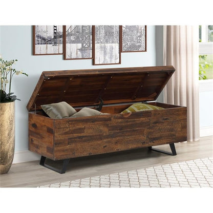 MAKLAINE Broadmore Rectangular Acacia Wood Storage Trunk, 46 in Top, Brown Finish, Black Metal Legs, Hinged Lid, Versatile Coffee Table or Entryway Storage for Living Room or Bedroom