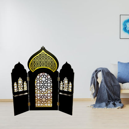 3 Panel Room Divider Folding Privacy Freestanding Partition Portable Wall for Prayer Room Privacy Screen Islamic Theme Room Divider Wood 3ft Ramadan Decorations 39.5"x38.5" (Black Gates)
