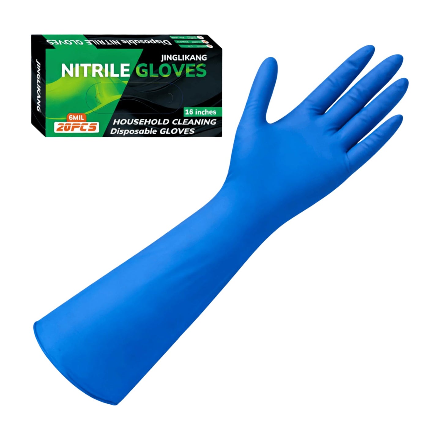JINGLIKANG 16inch Nitrile Disposable Gloves Long Sleeves Blue 6mil Durable Waterproof 20PCS Clean Dishwashing White Medium Size (20, Blue, M)