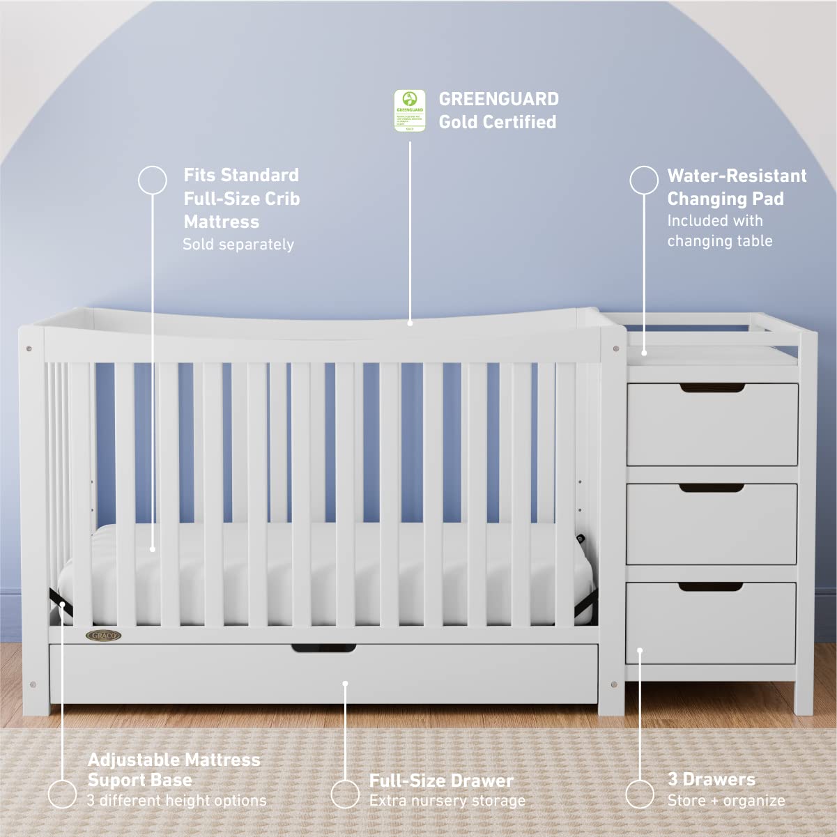 Graco Remi 4-in-1 Convertible Crib & Changer – GREENGUARD Gold Certified, Fits Standard Crib Mattress, Converts to Toddler Bed and Full Bed, 4 Adjustable Mattress Heights (White)
