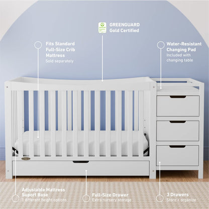 Graco Remi 4-in-1 Convertible Crib & Changer – GREENGUARD Gold Certified, Fits Standard Crib Mattress, Converts to Toddler Bed and Full Bed, 4 Adjustable Mattress Heights (White)