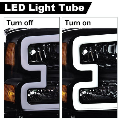 LED DRL Headlights Assembly Front Headlamp Compatible with Ford F250 F350 F450 F550 Super Duty 2005-2007/Ford Excursion 2005,(Not Fit Sealed Beam Headlight model) Clear Lens Black Housing