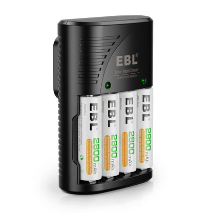 EBL Rechargeable AA Batteries 4 Pack, Precharged Double A Battery 2800mAh and AA AAA Battery Charger with Foldable Wall Plug