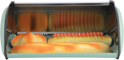 Roll Top Bread Box for Kitchen Counter, Metal Bread Bin Retro Food Storage Container, 13"x9.4"x5.9" (Green)