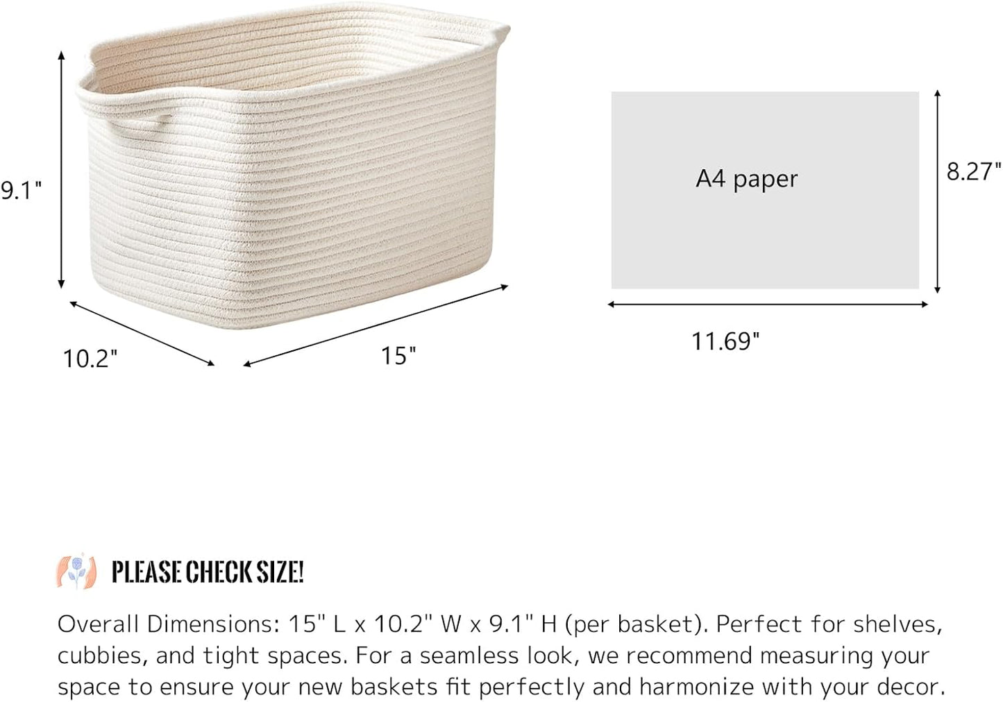 15"x10"x9" Closet, R RUNKA Cotton Rope Storage Basket Fabric Storage Bins for Organizing Clothes,Toys,Blankets Durable