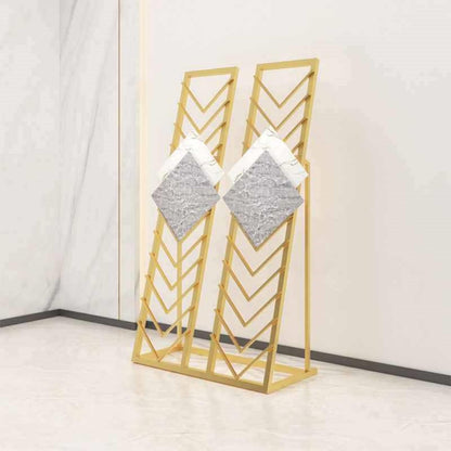 Metal Ceramic Tile Display Rack, Standing Slotted Flooring Display Shelf, Large Floor Storage for Tiles, Wooden Floor Sample Holder for Showroom & Retail Use (Double Row)(Gold,Small)