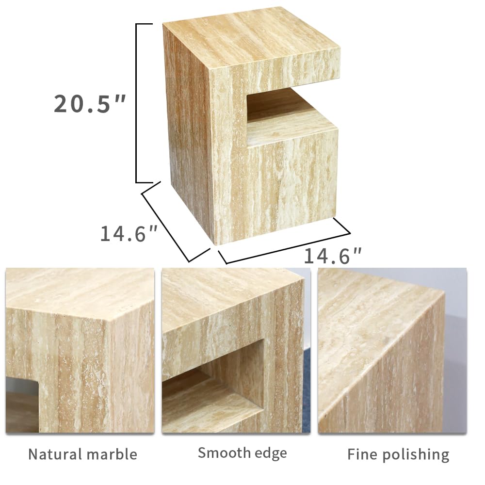 Italian Travertine C-Shaped End Table, Luxurious Natural Stone Coffee Table Suitable for for Living Room Bedroom Bathroom Small Spaces, No Installation Travertine Sofa Table for Modern Home Decor