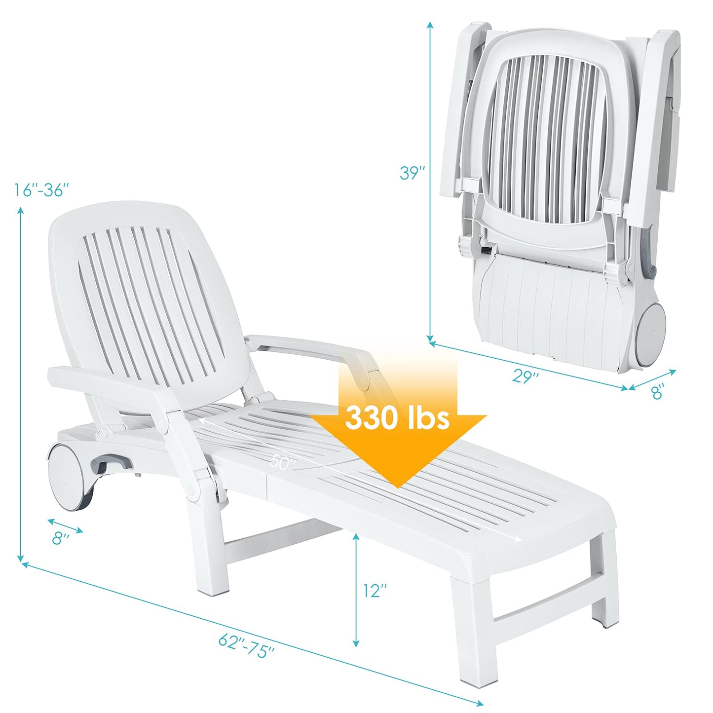 Tangkula Outdoor Chaise Lounge Chair, 5-Position Adjustable Recliner with Storage Box and Flexible Wheels, All-Weather Folding Patio Lounge Chair for Poolside, Beach and Backyard (2, White)