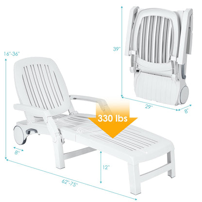 Tangkula Outdoor Chaise Lounge Chair, 5-Position Adjustable Recliner with Storage Box and Flexible Wheels, All-Weather Folding Patio Lounge Chair for Poolside, Beach and Backyard (2, White)
