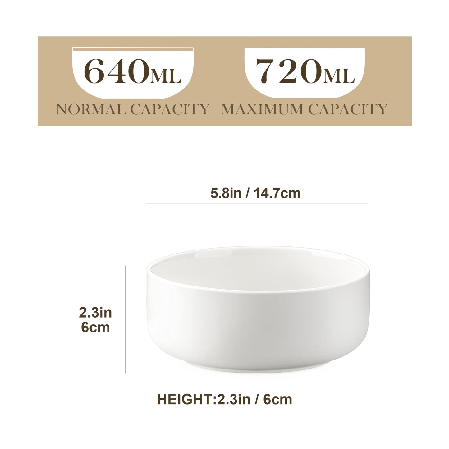 MALACASA 24 OZ Cereal Bowls, Porcelain Soup Oatmeal Bowls Set of 6, Kitchen Ceramic Serving Bowl, Dishwasher Microwave Oven Safe, White, Series LUNA