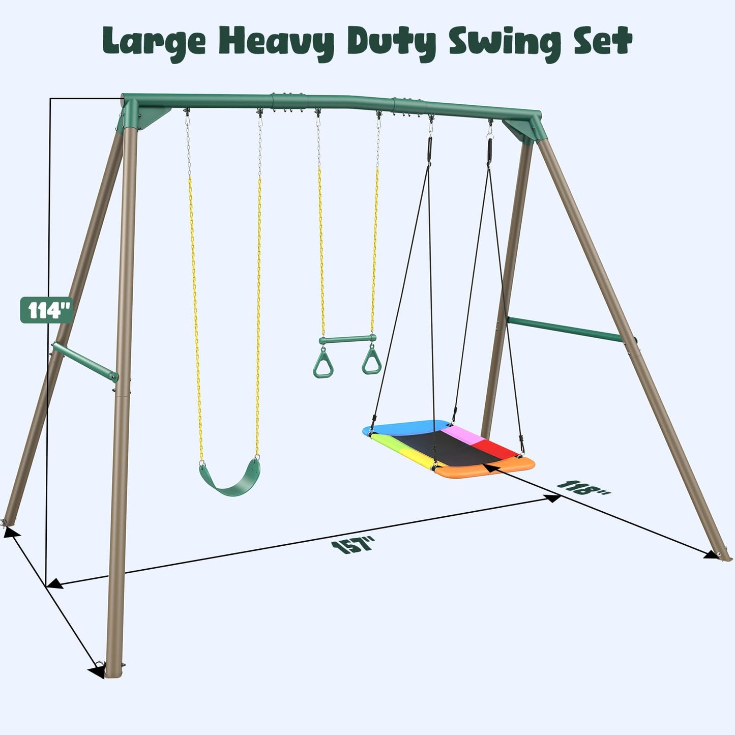 Hapfan 9.5' Tall Swing Sets for Backyard with Platform Swing, Heavy Duty Metal Swingset Outdoor for Kids with Trapeze Bar (Green and Brown)