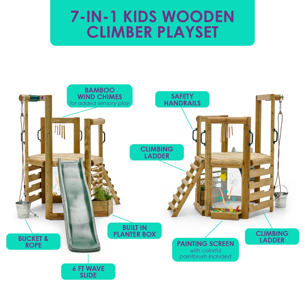 Plum Discovery Wooden Outdoor Playset, Toddler Slide, Playground Sets For Backyards, Kids Yard Play Equipment with Painting Easel, Bucket, Built-In Planter Box, Climbing Wall, Weatherproof, Age 3+ Yrs