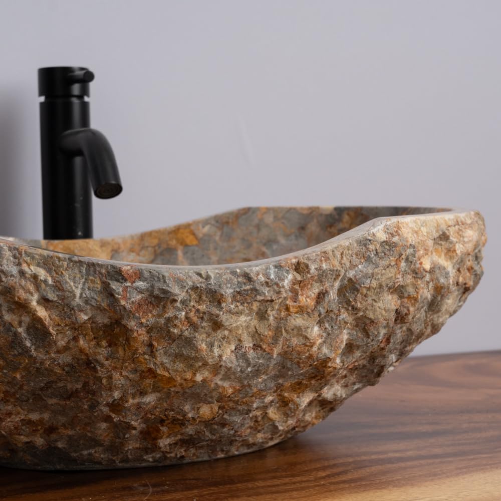 Golden Gray Marble Vessel Sink, Hand-Carved Canoe-Shaped Bathroom Sink in Solid Natural Marble, Beige with Gold & Gray Earth Tone Veins – Modern Rustic Countertop Sink