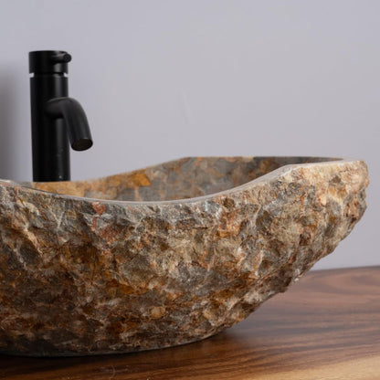 Golden Gray Marble Vessel Sink, Hand-Carved Canoe-Shaped Bathroom Sink in Solid Natural Marble, Beige with Gold & Gray Earth Tone Veins – Modern Rustic Countertop Sink