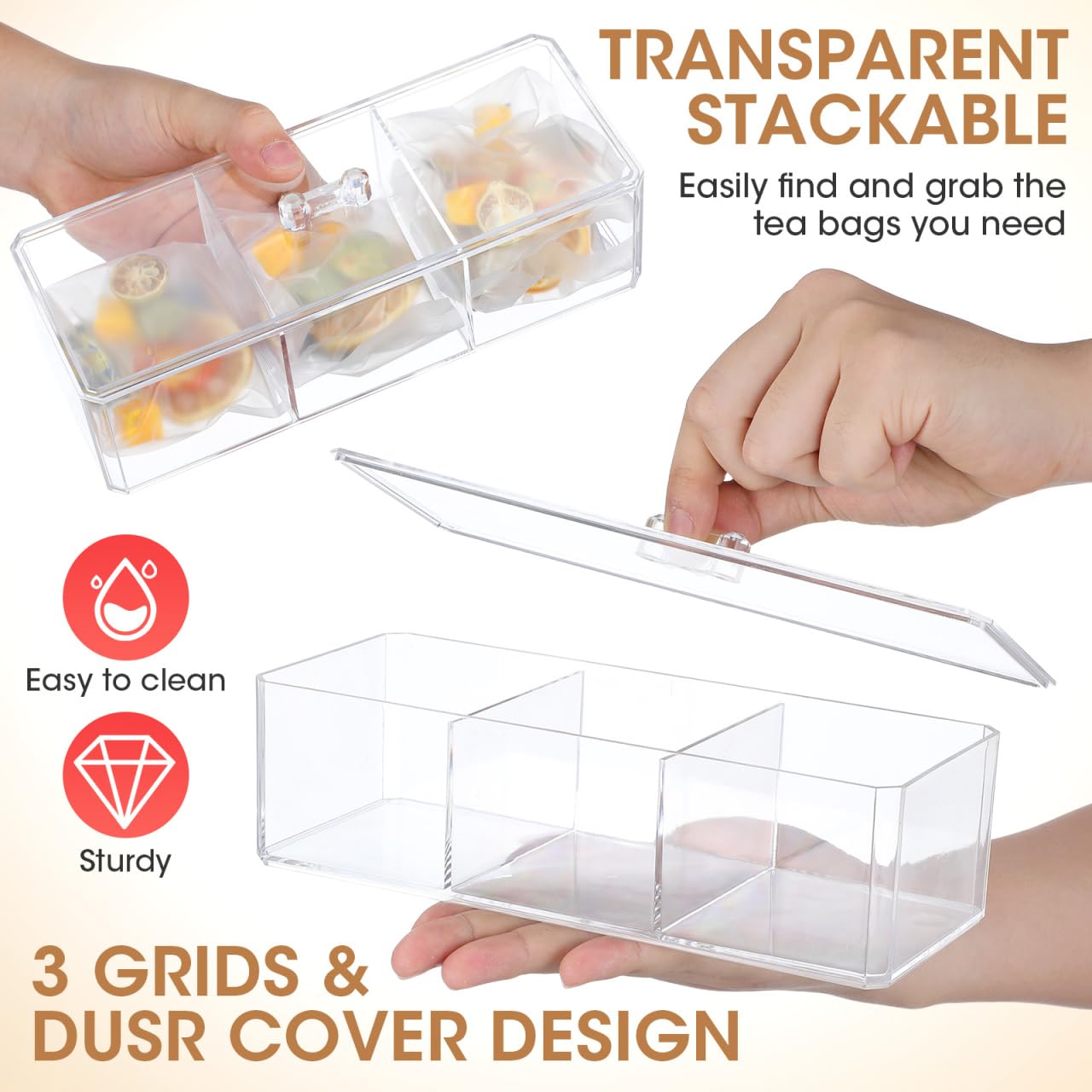 Unomor Tea Bag Organizer Box with Lid - Divided Acrylic Tea Storage Chest 9.17X3.74X3.26In Multi-Compartment Bag Holder for Kitchen Countertop Office and Home