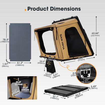Sanhima Rooftop Tent Hard Shell - Hotham Overland Aluminium Roof Top Tent w/Larger Space, LED Strip Light & Skyview Window, 2” Thick Mattress, for Car SUV Truck Camping, 2-3 People, Khaki