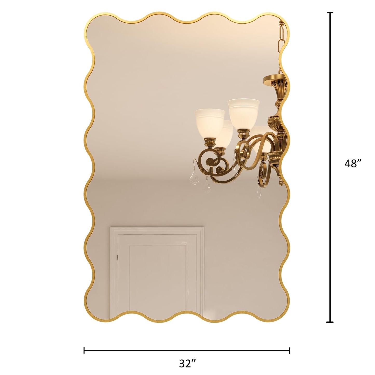 Kelly Miller 32x48 Inch Gold Scalloped Mirror, Large Rectangular Wavy Edge Bathroom Vanity Wall Mirror Decorative for Bedroom Living Room Entryway Fireplace Mantle