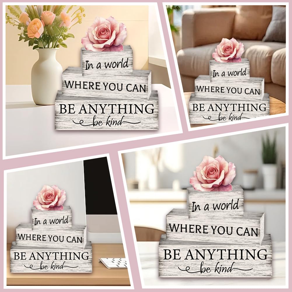 PRESSINART 4 Styles 4 Pcs Farmhouse Wooden Tabletop Decor Farmhouse Block Signs Rustic Rose Pattern Pine Wood Block Tiered Tray Display Sign for Home Shelf Mantel Party Kitchen Decoration Supplies