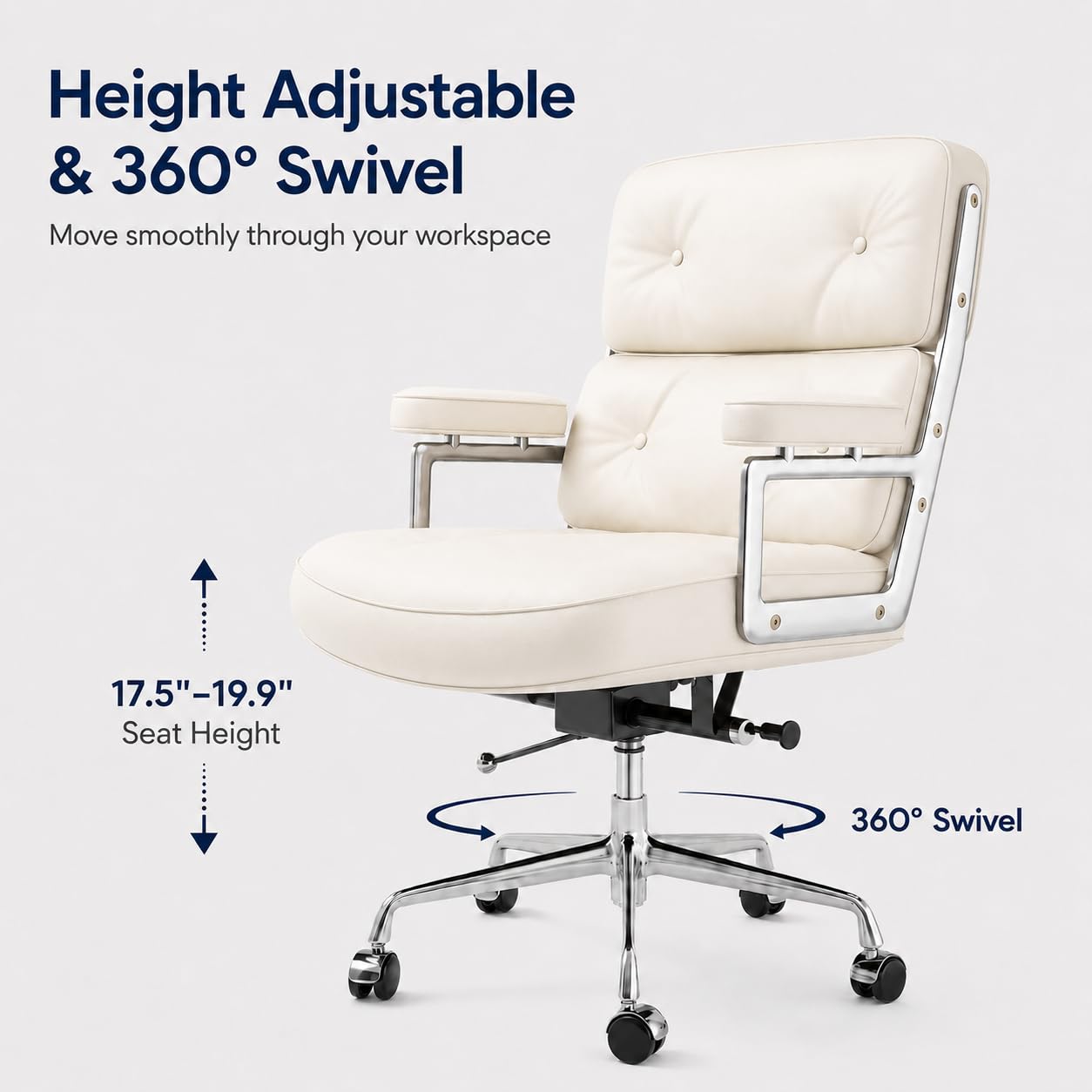 OTDMEL Home Office Chair with Top Grain Leather, Padded Armrests, Mid-Back Upholstered Executive Leather Desk Chair, Aluminum Frame, Adjustable Height, 360 Swivel, Rolling Wheels, 350lbs Capacity